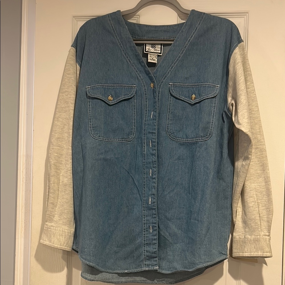 Women’s Blue Denim Shirt with Cream Sleeves